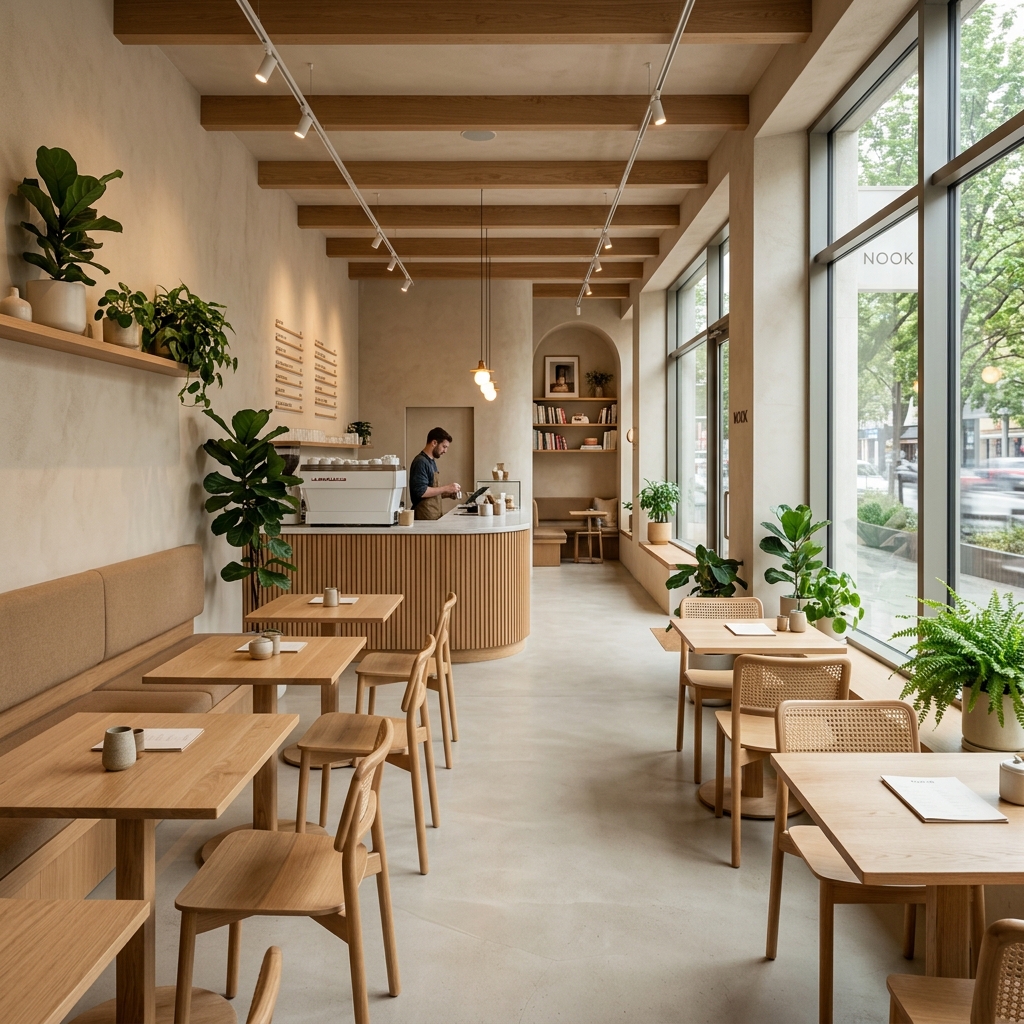Cafe interior with warm lighting